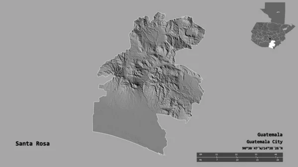 危地马拉省圣罗莎的形状 其首都在坚实的背景下与世隔绝 距离尺度 区域预览和标签 Bilevel高程图 3D渲染 — 图库照片