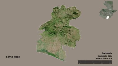 Santa Rosa 'nın şekli, Guatemala departmanı, sermayesi sağlam arka planda izole edilmiş. Uzaklık ölçeği, bölge önizlemesi ve etiketleri. Uydu görüntüleri. 3B görüntüleme