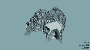 Solola Bölgesi, Guatemala Bölgesi, sağlam bir arka planda izole edilmiş bir sınır kutusunda. Etiketler. Renkli yükseklik haritası. 3B görüntüleme