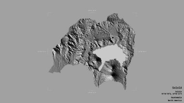 Solola Bölgesi, Guatemala Bölgesi, sağlam bir arka planda izole edilmiş bir sınır kutusunda. Etiketler. Çift seviyeli yükseklik haritası. 3B görüntüleme