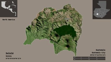 Solola 'nın şekli, Guatemala Bölümü ve başkenti. Uzaklık ölçeği, ön gösterimler ve etiketler. Uydu görüntüleri. 3B görüntüleme