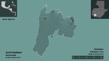 Suchitepequez 'in şekli, Guatemala Bölümü ve başkenti. Uzaklık ölçeği, ön gösterimler ve etiketler. Renkli yükseklik haritası. 3B görüntüleme