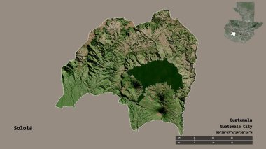 Solola 'nın şekli, Guatemala departmanı, sermayesi sağlam arka planda izole edilmiş. Uzaklık ölçeği, bölge önizlemesi ve etiketleri. Uydu görüntüleri. 3B görüntüleme