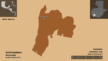 Suchitepequez 'in şekli, Guatemala Bölümü ve başkenti. Uzaklık ölçeği, ön gösterimler ve etiketler. Desenli dokuların bileşimi. 3B görüntüleme