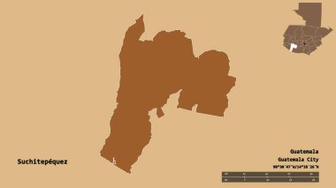 Suchitepequez 'in şekli, Guatemala departmanı, sermayesi sağlam arka planda izole edilmiş. Uzaklık ölçeği, bölge önizlemesi ve etiketleri. Desenli dokuların bileşimi. 3B görüntüleme
