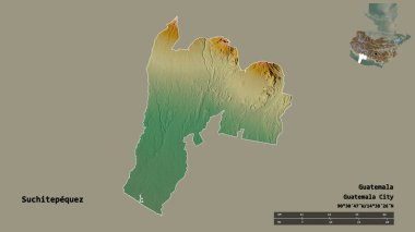 Suchitepequez 'in şekli, Guatemala departmanı, sermayesi sağlam arka planda izole edilmiş. Uzaklık ölçeği, bölge önizlemesi ve etiketleri. Topografik yardım haritası. 3B görüntüleme