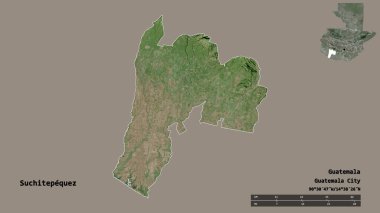 Suchitepequez 'in şekli, Guatemala departmanı, sermayesi sağlam arka planda izole edilmiş. Uzaklık ölçeği, bölge önizlemesi ve etiketleri. Uydu görüntüleri. 3B görüntüleme