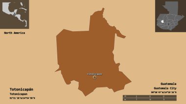 Totonicapan Şekli, Guatemala Departmanı ve başkenti. Uzaklık ölçeği, ön gösterimler ve etiketler. Desenli dokuların bileşimi. 3B görüntüleme