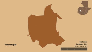 Totonicapan 'ın şekli, Guatemala departmanı, sermayesi sağlam arka planda izole edilmiş. Uzaklık ölçeği, bölge önizlemesi ve etiketleri. Desenli dokuların bileşimi. 3B görüntüleme