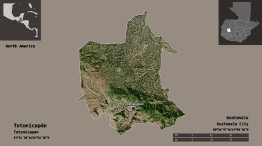 Totonicapan Şekli, Guatemala Departmanı ve başkenti. Uzaklık ölçeği, ön gösterimler ve etiketler. Uydu görüntüleri. 3B görüntüleme