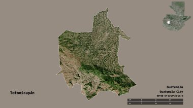 Totonicapan 'ın şekli, Guatemala departmanı, sermayesi sağlam arka planda izole edilmiş. Uzaklık ölçeği, bölge önizlemesi ve etiketleri. Uydu görüntüleri. 3B görüntüleme