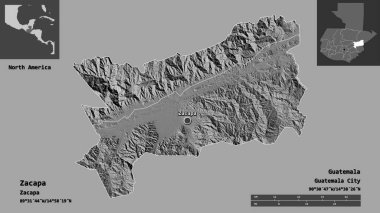 Zacapa 'nın şekli, Guatemala Bölümü ve başkenti. Uzaklık ölçeği, ön gösterimler ve etiketler. Çift seviyeli yükseklik haritası. 3B görüntüleme
