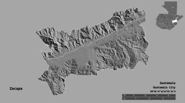 Zacapa 'nın şekli, Guatemala departmanı, sermayesi sağlam arka planda izole edilmiş. Uzaklık ölçeği, bölge önizlemesi ve etiketleri. Çift seviyeli yükseklik haritası. 3B görüntüleme