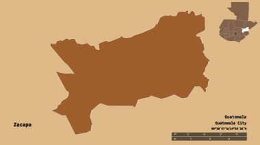 Zacapa 'nın şekli, Guatemala departmanı, sermayesi sağlam arka planda izole edilmiş. Uzaklık ölçeği, bölge önizlemesi ve etiketleri. Desenli dokuların bileşimi. 3B görüntüleme