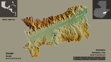 Zacapa 'nın şekli, Guatemala Bölümü ve başkenti. Uzaklık ölçeği, ön gösterimler ve etiketler. Topografik yardım haritası. 3B görüntüleme