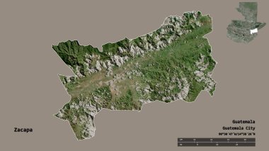 Zacapa 'nın şekli, Guatemala departmanı, sermayesi sağlam arka planda izole edilmiş. Uzaklık ölçeği, bölge önizlemesi ve etiketleri. Uydu görüntüleri. 3B görüntüleme