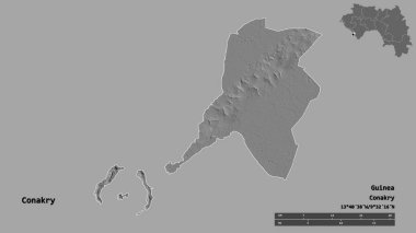 Başkenti sağlam bir zemin üzerinde izole edilmiş, Gine bölgesi Conakry 'nin şeklidir. Uzaklık ölçeği, bölge önizlemesi ve etiketleri. Çift seviyeli yükseklik haritası. 3B görüntüleme