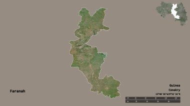 Faranah 'ın şekli, Gine bölgesi, başkenti katı arka planda izole edilmiş. Uzaklık ölçeği, bölge önizlemesi ve etiketleri. Uydu görüntüleri. 3B görüntüleme