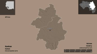 Kankan 'ın şekli, Gine bölgesi ve başkenti. Uzaklık ölçeği, ön gösterimler ve etiketler. Renkli yükseklik haritası. 3B görüntüleme