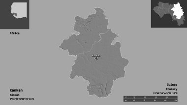 Kankan 'ın şekli, Gine bölgesi ve başkenti. Uzaklık ölçeği, ön gösterimler ve etiketler. Çift seviyeli yükseklik haritası. 3B görüntüleme