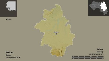 Kankan 'ın şekli, Gine bölgesi ve başkenti. Uzaklık ölçeği, ön gösterimler ve etiketler. Topografik yardım haritası. 3B görüntüleme
