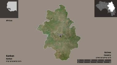 Kankan 'ın şekli, Gine bölgesi ve başkenti. Uzaklık ölçeği, ön gösterimler ve etiketler. Uydu görüntüleri. 3B görüntüleme