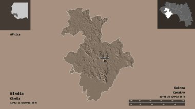 Kindia 'nın şekli, Gine bölgesi ve başkenti. Uzaklık ölçeği, ön gösterimler ve etiketler. Renkli yükseklik haritası. 3B görüntüleme