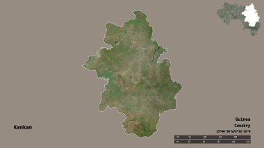 Gine 'nin Kankan bölgesi, başkenti katı arka planda izole edilmiş. Uzaklık ölçeği, bölge önizlemesi ve etiketleri. Uydu görüntüleri. 3B görüntüleme