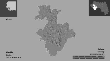 Kindia 'nın şekli, Gine bölgesi ve başkenti. Uzaklık ölçeği, ön gösterimler ve etiketler. Çift seviyeli yükseklik haritası. 3B görüntüleme
