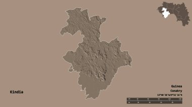 Kindia 'nın şekli, Gine bölgesi, başkenti katı arka planda izole edilmiş. Uzaklık ölçeği, bölge önizlemesi ve etiketleri. Renkli yükseklik haritası. 3B görüntüleme