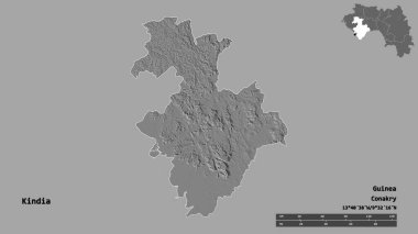 Kindia 'nın şekli, Gine bölgesi, başkenti katı arka planda izole edilmiş. Uzaklık ölçeği, bölge önizlemesi ve etiketleri. Çift seviyeli yükseklik haritası. 3B görüntüleme