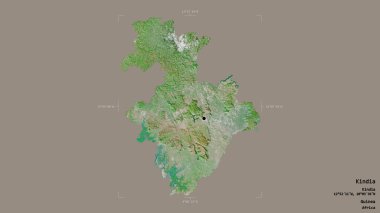 Kindia bölgesi, Gine bölgesi, katı bir arka planda izole edilmiş bir sınır kutusunda. Etiketler. Uydu görüntüleri. 3B görüntüleme