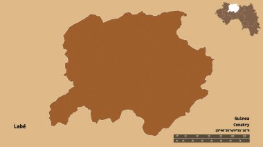 Labe 'in şekli, Gine bölgesi, başkenti katı bir zemin üzerinde izole edilmiş. Uzaklık ölçeği, bölge önizlemesi ve etiketleri. Desenli dokuların bileşimi. 3B görüntüleme