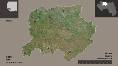 Labe 'in şekli, Gine bölgesi ve başkenti. Uzaklık ölçeği, ön gösterimler ve etiketler. Uydu görüntüleri. 3B görüntüleme