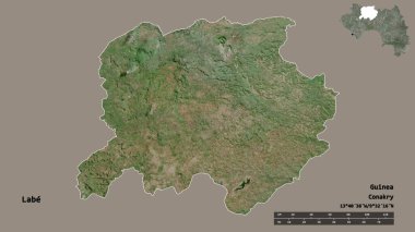 Labe 'in şekli, Gine bölgesi, başkenti katı bir zemin üzerinde izole edilmiş. Uzaklık ölçeği, bölge önizlemesi ve etiketleri. Uydu görüntüleri. 3B görüntüleme