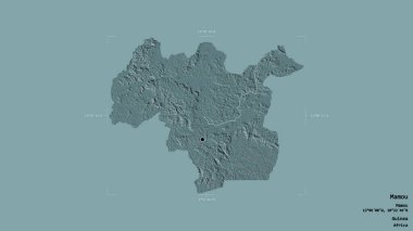 Mamou bölgesi, Gine bölgesi, katı bir arka planda izole edilmiş bir sınır kutusunda. Etiketler. Renkli yükseklik haritası. 3B görüntüleme
