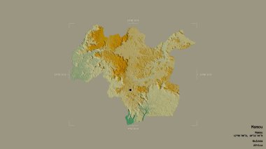 Mamou bölgesi, Gine bölgesi, katı bir arka planda izole edilmiş bir sınır kutusunda. Etiketler. Topografik yardım haritası. 3B görüntüleme