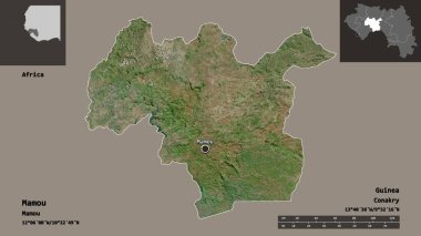 Mamou 'nun şekli, Gine bölgesi ve başkenti. Uzaklık ölçeği, ön gösterimler ve etiketler. Uydu görüntüleri. 3B görüntüleme