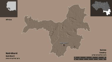Nzerekore 'un şekli, Gine bölgesi ve başkenti. Uzaklık ölçeği, ön gösterimler ve etiketler. Renkli yükseklik haritası. 3B görüntüleme