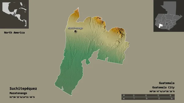 危地马拉省的Suchitepequez形状及其首都 距离刻度 预览和标签 地形浮雕图 3D渲染 — 图库照片