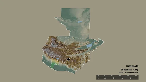 危地马拉以首都 主要区域分部和分离的Suchitepequez地区为首都的专制形态 地形浮雕图 3D渲染 — 图库照片