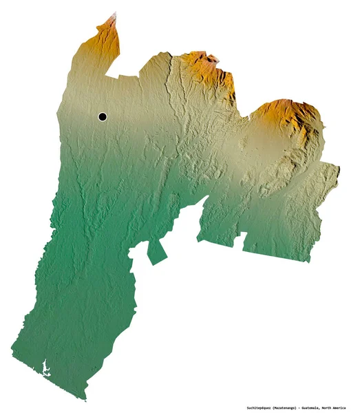 Suchitepequez 'in şekli, Guatemala departmanı, başkenti beyaz arka planda izole edilmiş. Topografik yardım haritası. 3B görüntüleme