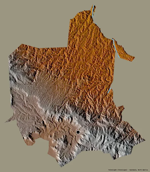 Shape of Totonicapan, department of Guatemala, with its capital isolated on a solid color background. Topographic relief map. 3D rendering