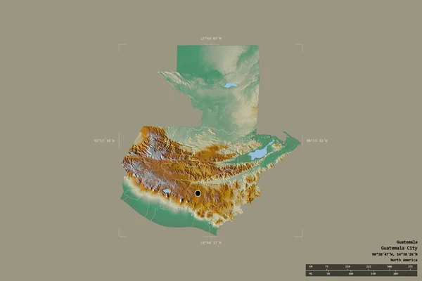 危地马拉的一个区域在一个地理参照框的坚实背景上被隔离 主要区域分部 距离标度 地形浮雕图 3D渲染 — 图库照片