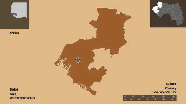 ブックの形 ギニアの地域 そしてその首都 距離スケール プレビューおよびラベル パターン化されたテクスチャの構成 3Dレンダリング — ストック写真