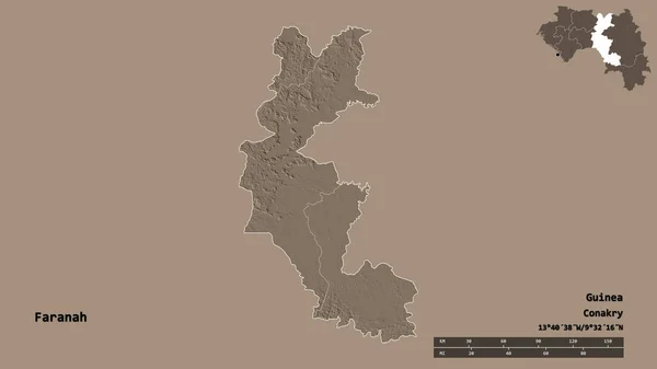 几内亚地区Faranah的形状 其首都在坚实的背景下与世隔绝 距离尺度 区域预览和标签 彩色高程图 3D渲染 — 图库照片