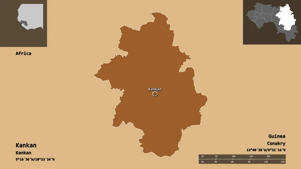 カンカンの形 ギニアの地域 距離スケール プレビューおよびラベル パターン化されたテクスチャの構成 3Dレンダリング — ストック写真
