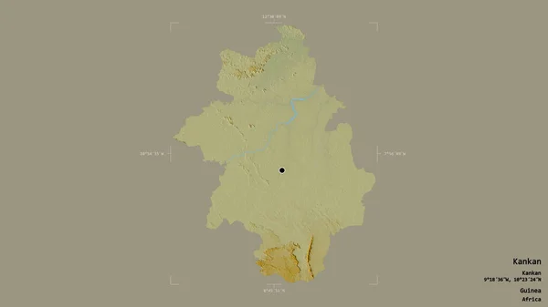 ギニアの地域であるカンカンの地域は 洗練された境界ボックス内の強固な背景に隔離されています ラベル 地形図 3Dレンダリング — ストック写真