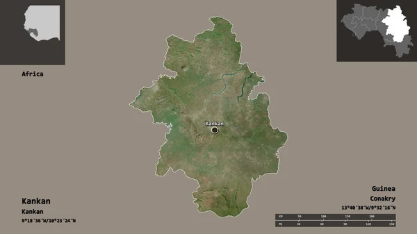 カンカンの形 ギニアの地域 距離スケール プレビューおよびラベル 衛星画像 3Dレンダリング — ストック写真