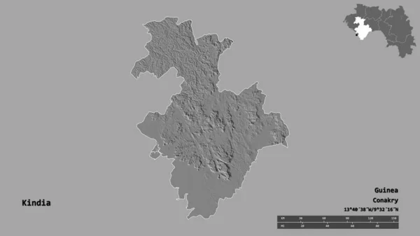 Kształt Kindii Regionu Gwinei Stolicą Odizolowaną Solidnym Tle Skala Odległości — Zdjęcie stockowe